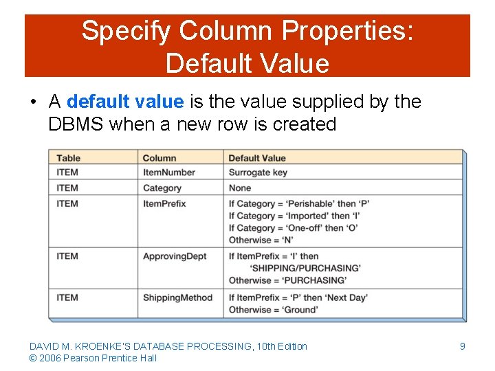 Specify Column Properties: Default Value • A default value is the value supplied by