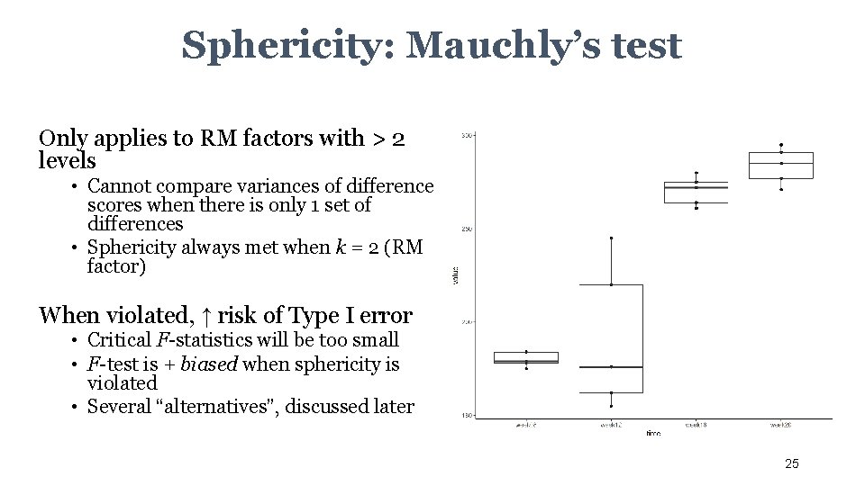 Sphericity: Mauchly’s test Only applies to RM factors with > 2 levels • Cannot