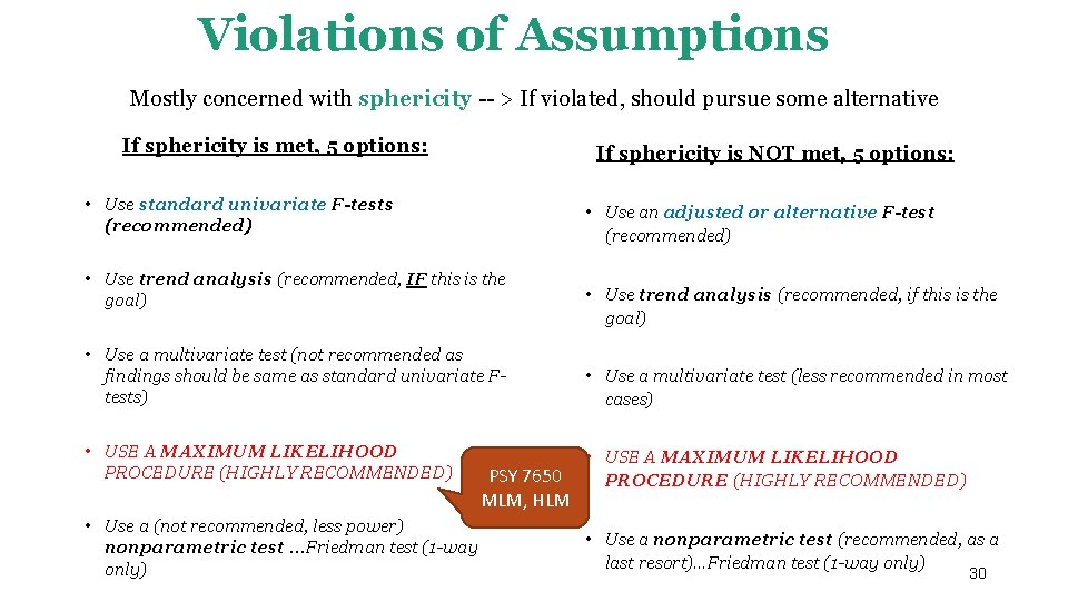 Violations of Assumptions Mostly concerned with sphericity -- > If violated, should pursue some