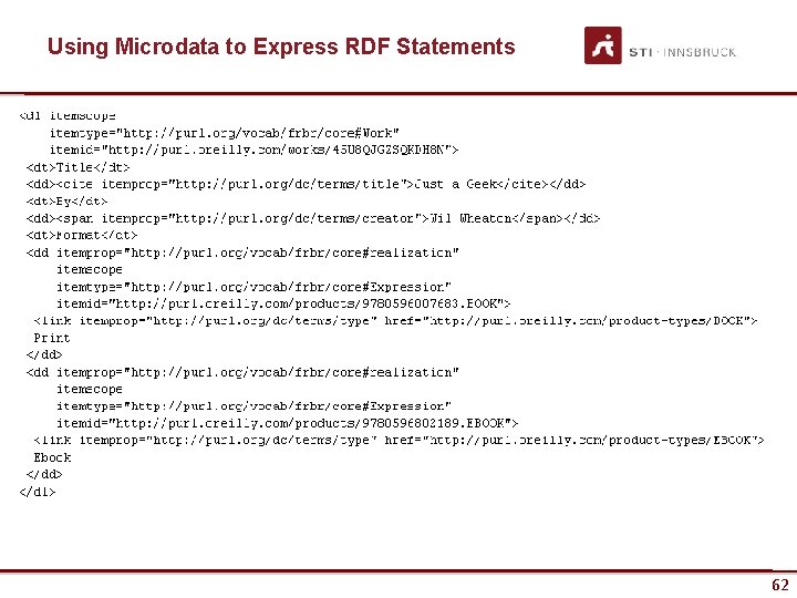 Using Microdata to Express RDF Statements www. sti-innsbruck. at 62 62 