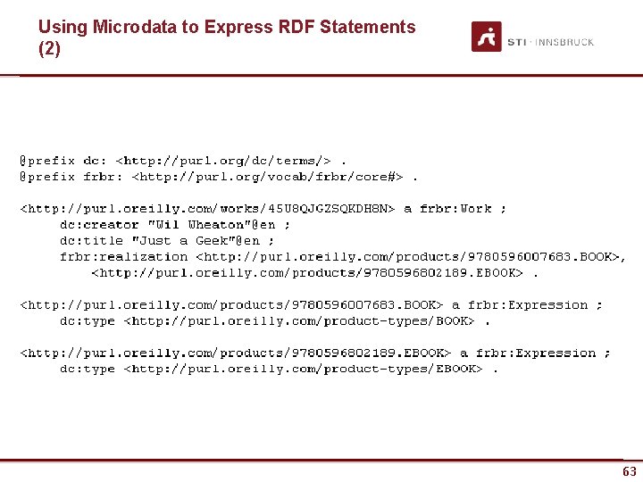 Using Microdata to Express RDF Statements (2) www. sti-innsbruck. at 63 63 