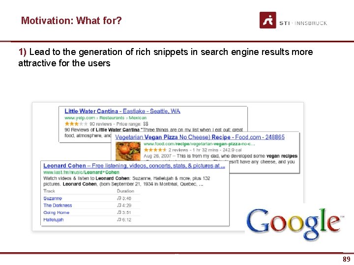 Motivation: What for? 1) Lead to the generation of rich snippets in search engine
