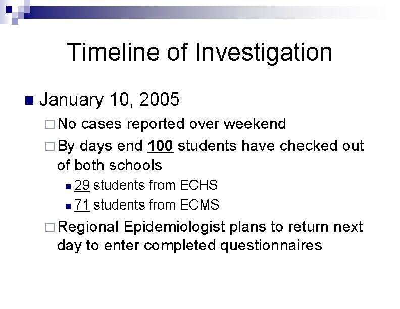 Timeline of Investigation n January 10, 2005 ¨ No cases reported over weekend ¨ Timeline of Investigation n January 10, 2005 ¨ No cases reported over weekend ¨