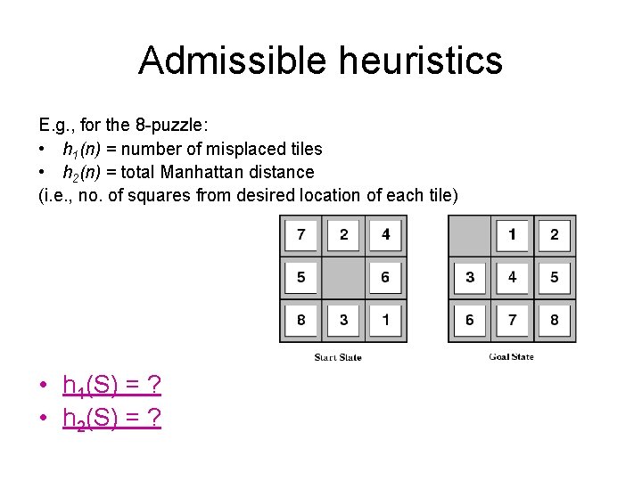 Admissible heuristics E. g. , for the 8 -puzzle: • h 1(n) = number