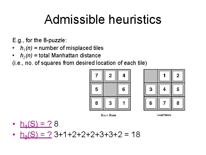 Admissible heuristics E. g. , for the 8 -puzzle: • h 1(n) = number