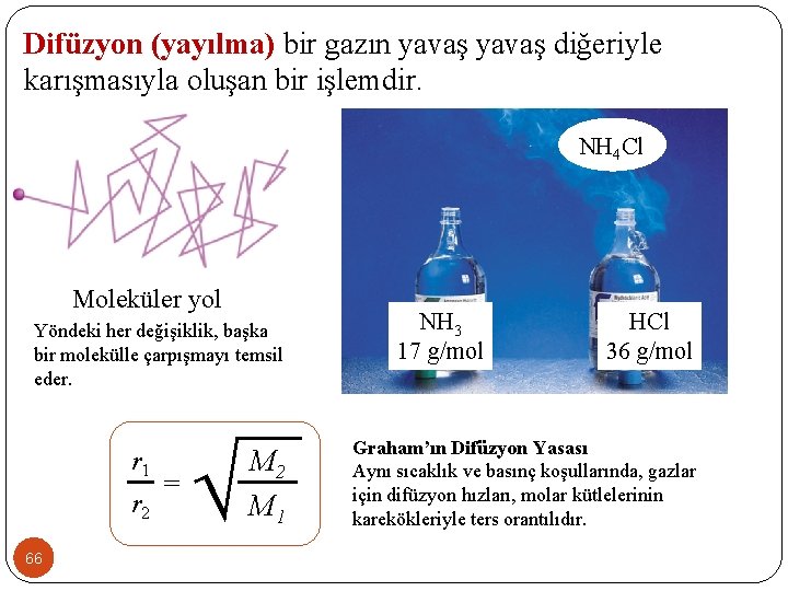 Difüzyon (yayılma) bir gazın yavaş diğeriyle karışmasıyla oluşan bir işlemdir. NH 4 Cl Moleküler