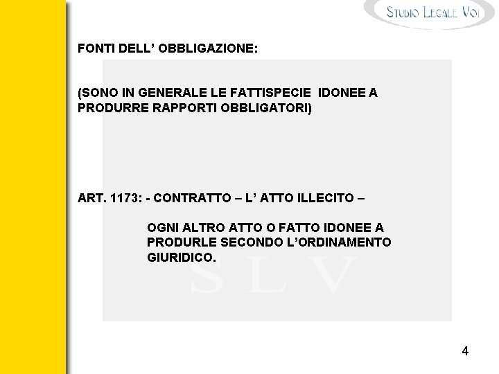 FONTI DELL’ OBBLIGAZIONE: (SONO IN GENERALE LE FATTISPECIE IDONEE A PRODURRE RAPPORTI OBBLIGATORI) ART.