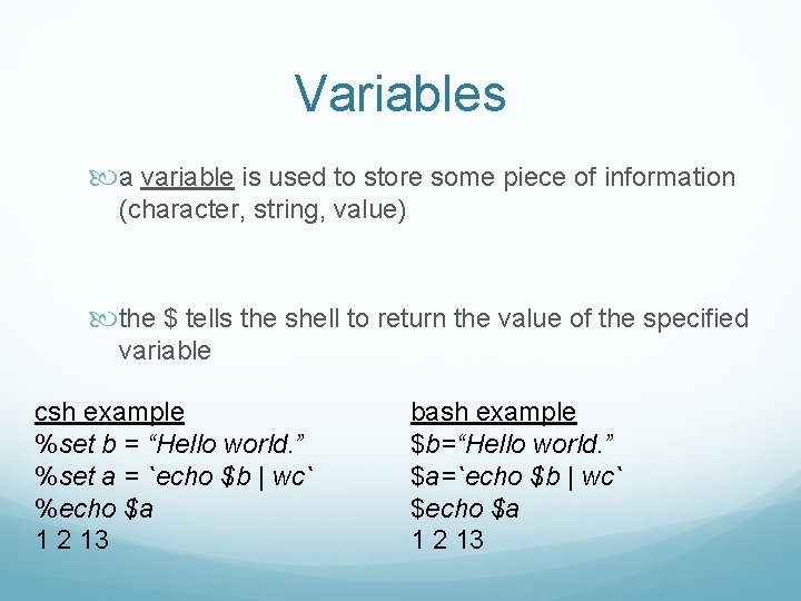 Variables a variable is used to store some piece of information (character, string, value)