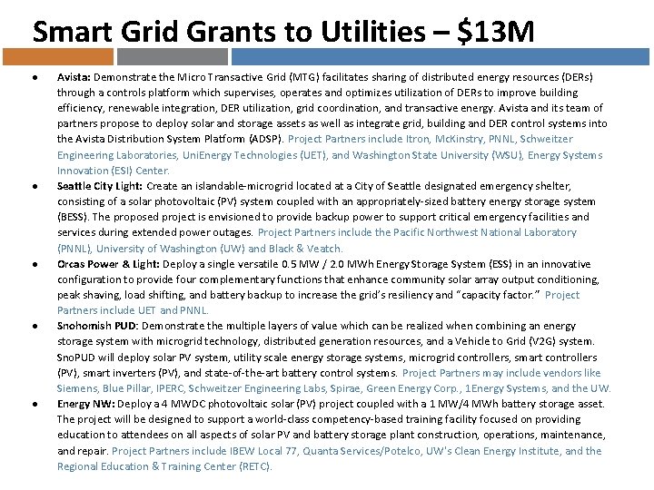 Smart Grid Grants to Utilities – $13 M Avista: Demonstrate the Micro Transactive Grid