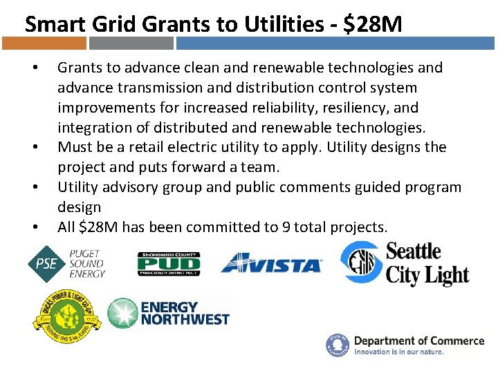 Smart Grid Grants to Utilities - $28 M • • Grants to advance clean
