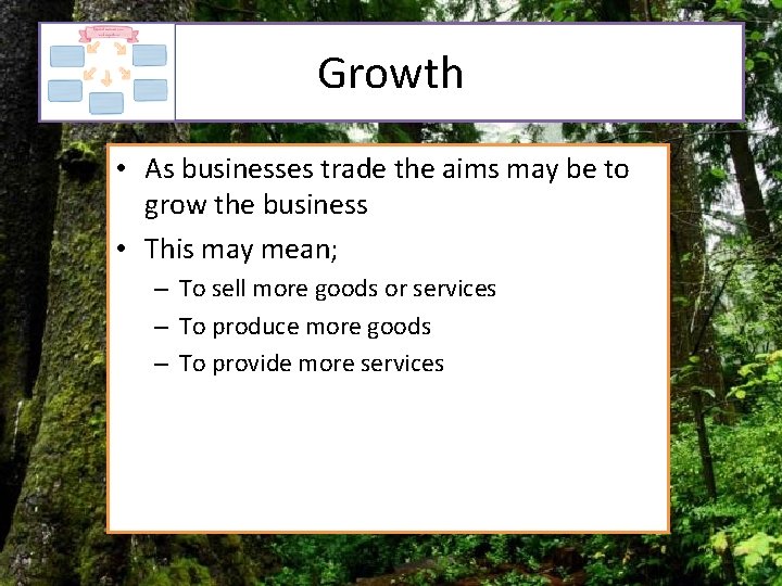 Growth • As businesses trade the aims may be to grow the business •