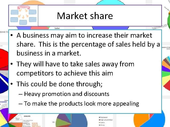 Market share • A business may aim to increase their market share. This is