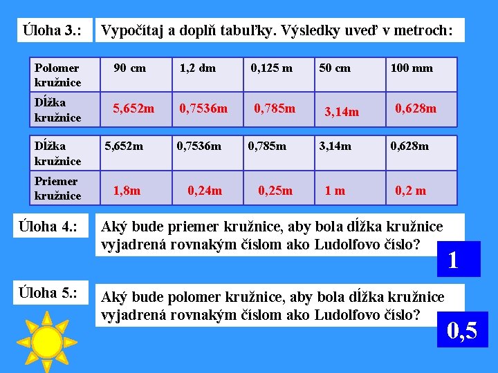 Úloha 3. : Vypočítaj a doplň tabuľky. Výsledky uveď v metroch: Polomer kružnice 90