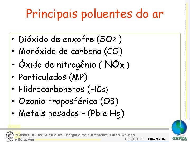 Principais poluentes do ar • Dióxido de enxofre (SO 2 ) • Monóxido de