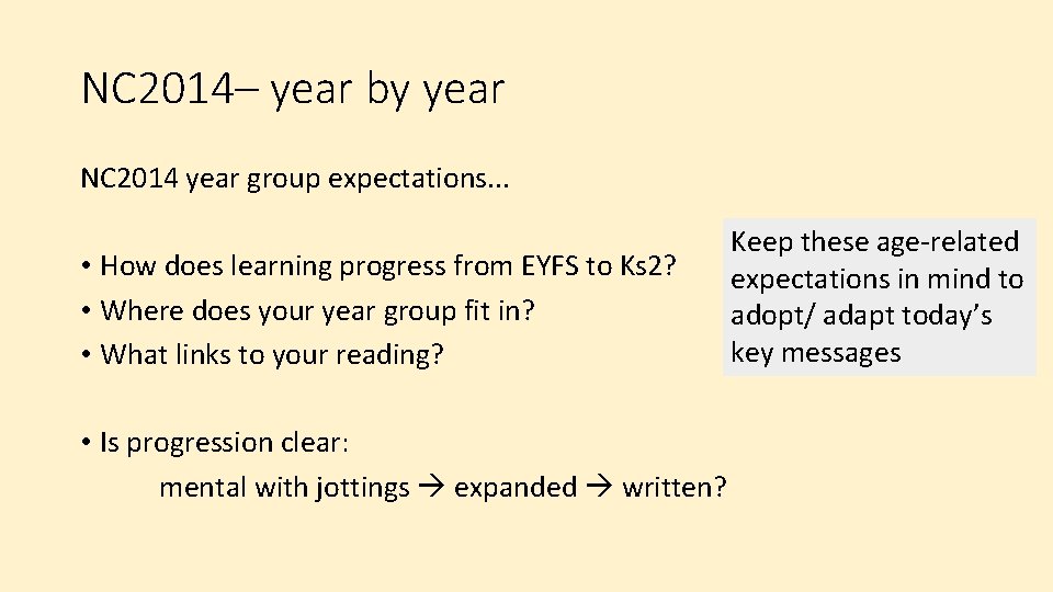 NC 2014– year by year NC 2014 year group expectations. . . • How