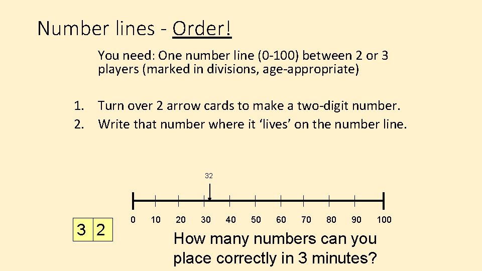 Number lines - Order! You need: One number line (0 -100) between 2 or