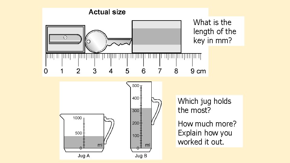 What is the length of the key in mm? Which jug holds the most?