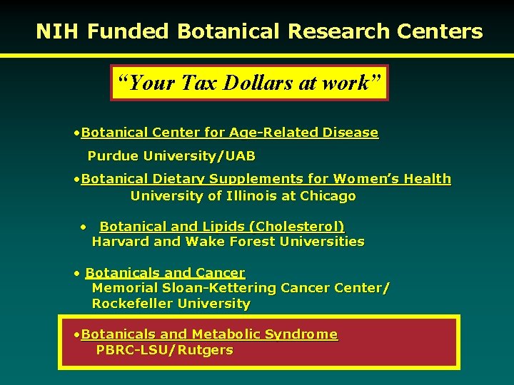 NIH Funded Botanical Research Centers “Your Tax Dollars at work” • Botanical Center for
