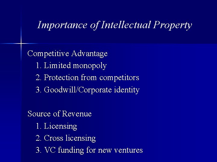 Importance of Intellectual Property Competitive Advantage 1. Limited monopoly 2. Protection from competitors 3.