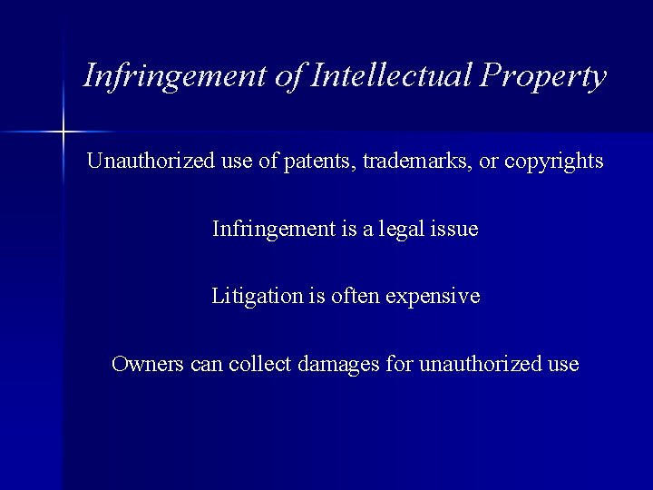 Infringement of Intellectual Property Unauthorized use of patents, trademarks, or copyrights Infringement is a