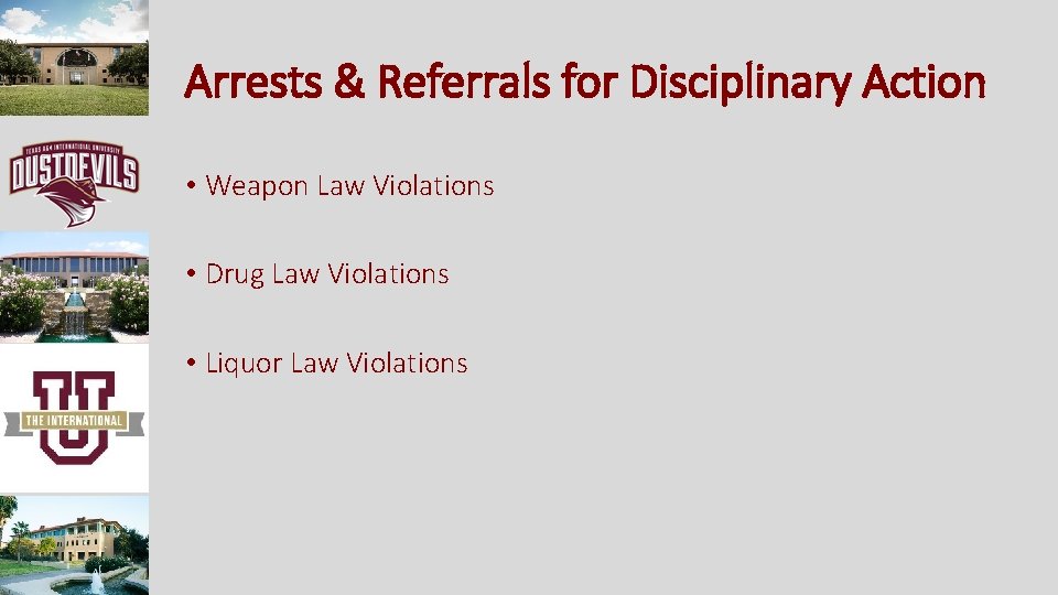 Arrests & Referrals for Disciplinary Action • Weapon Law Violations • Drug Law Violations