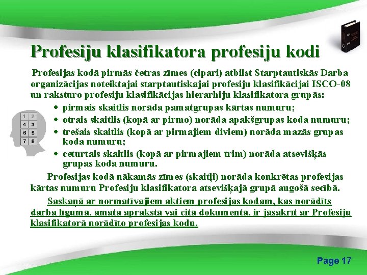 Profesiju klasifikatora profesiju kodi Profesijas kodā pirmās četras zīmes (cipari) atbilst Starptautiskās Darba organizācijas