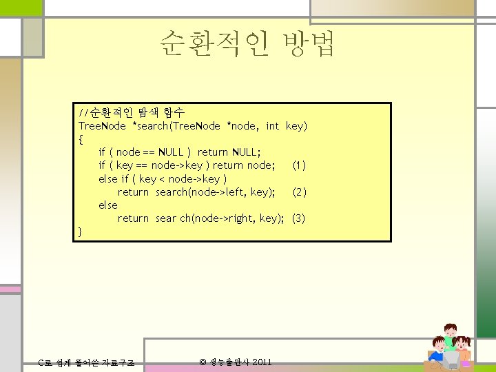 순환적인 방법 //순환적인 탐색 함수 Tree. Node *search(Tree. Node *node, int key) { if