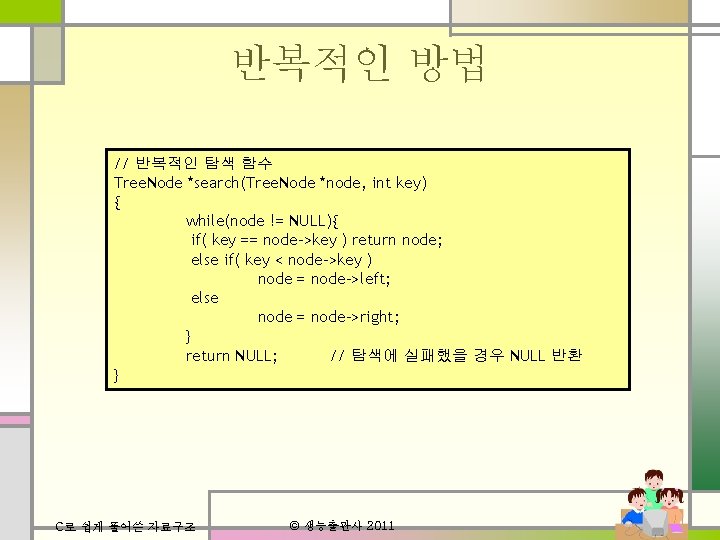 반복적인 방법 // 반복적인 탐색 함수 Tree. Node *search(Tree. Node *node, int key) {