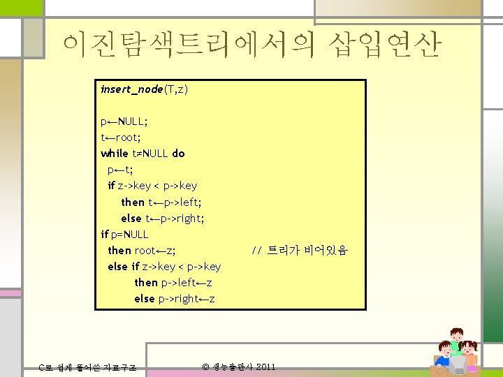 이진탐색트리에서의 삽입연산 insert_node(T, z) p←NULL; t←root; while t≠NULL do p←t; if z->key < p->key