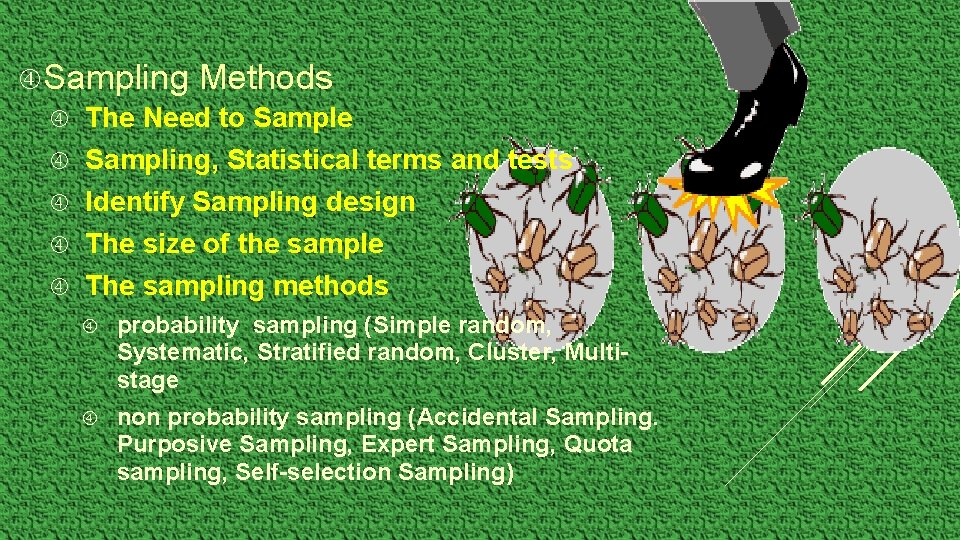 Sampling Methods The Need to Sample Sampling, Statistical terms and tests Identify Sampling