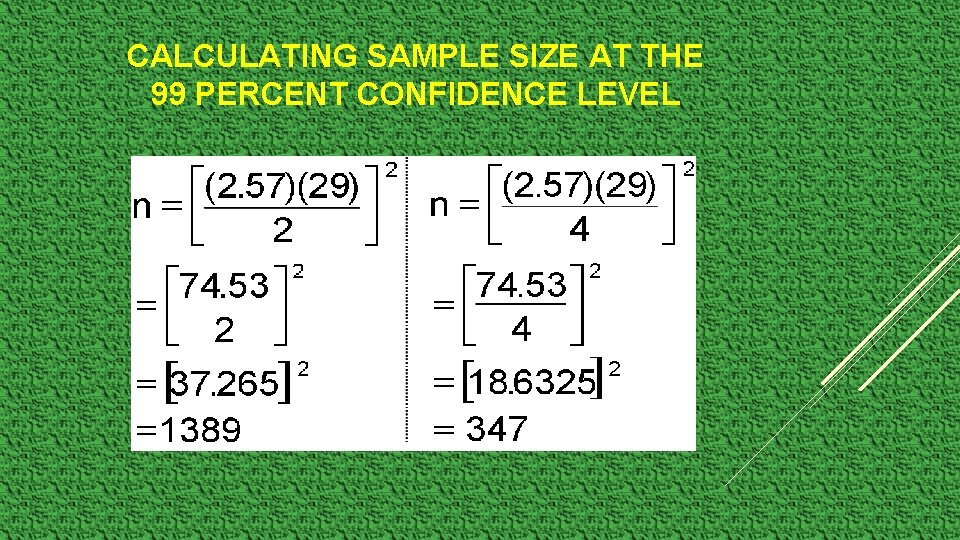 CALCULATING SAMPLE SIZE AT THE 99 PERCENT CONFIDENCE LEVEL 