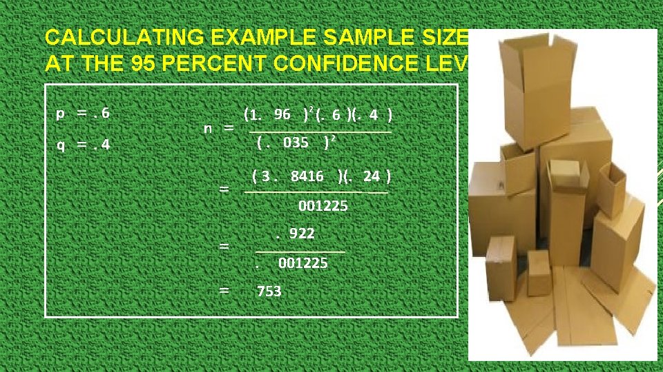 CALCULATING EXAMPLE SIZE AT THE 95 PERCENT CONFIDENCE LEVEL p =. 6 q =.