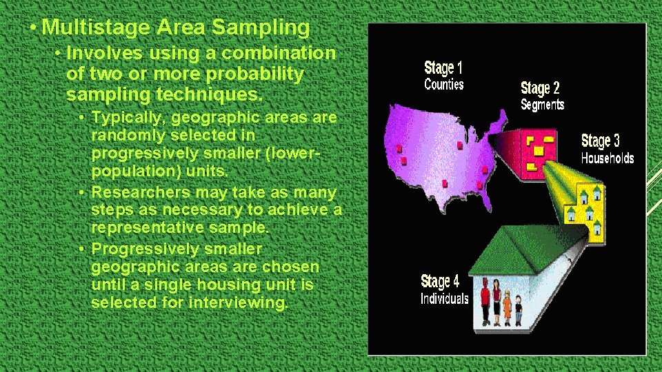  • Multistage Area Sampling • Involves using a combination of two or more