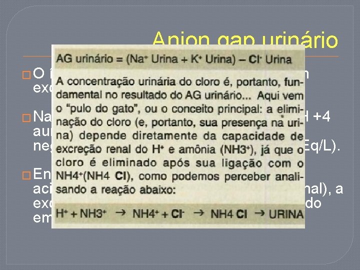 Anion gap urinário �O íon amônia (NH +4) é o principal cátion excretado na