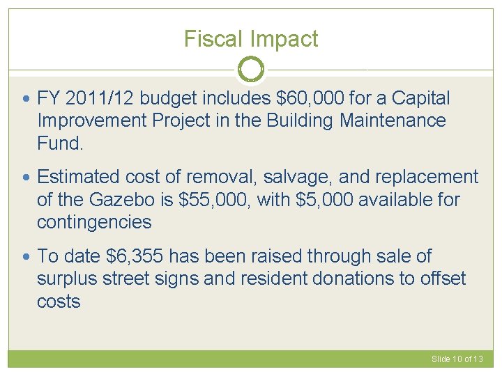 Fiscal Impact FY 2011/12 budget includes $60, 000 for a Capital Improvement Project in