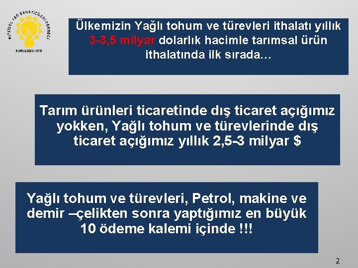 Ülkemizin Yağlı tohum ve türevleri ithalatı yıllık 3 -3, 5 milyar dolarlık hacimle tarımsal