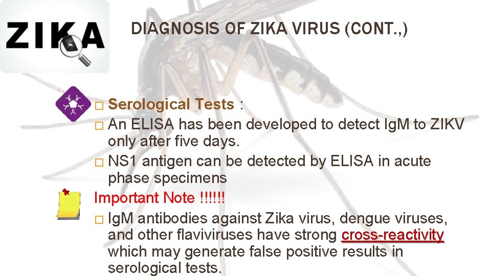 DIAGNOSIS OF ZIKA VIRUS (CONT. , ) � Serological Tests : � An ELISA
