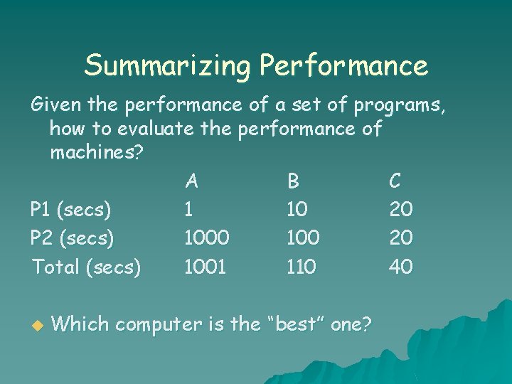 Summarizing Performance Given the performance of a set of programs, how to evaluate the