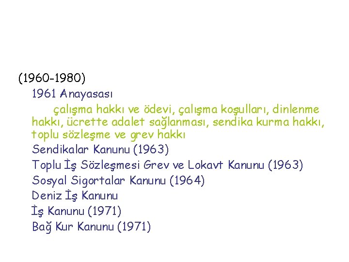 (1960 -1980) 1961 Anayasası çalışma hakkı ve ödevi, çalışma koşulları, dinlenme hakkı, ücrette adalet