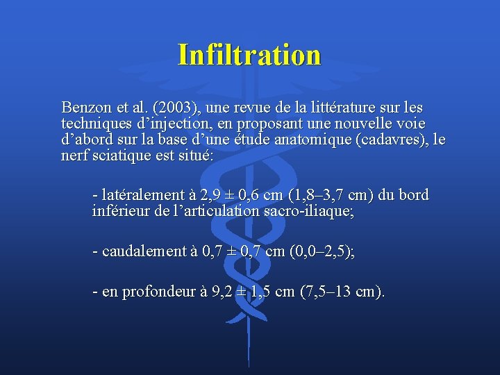 Infiltration Benzon et al. (2003), une revue de la littérature sur les techniques d’injection,