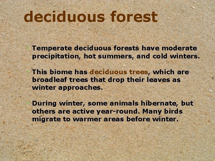 deciduous forest • Temperate deciduous forests have moderate precipitation, hot summers, and cold winters.