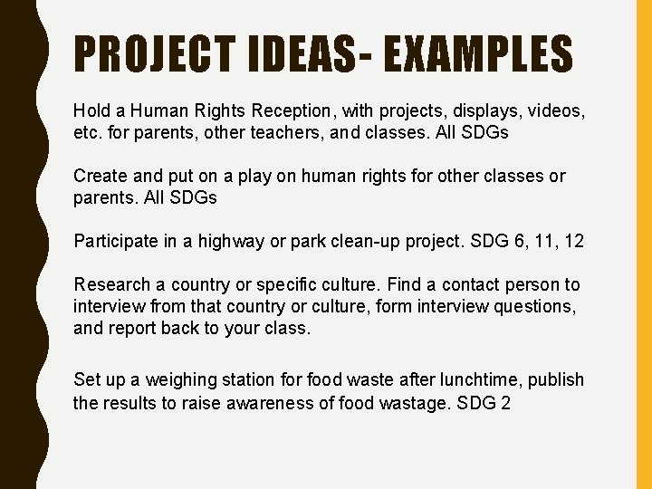 PROJECT IDEAS- EXAMPLES Hold a Human Rights Reception, with projects, displays, videos, etc. for