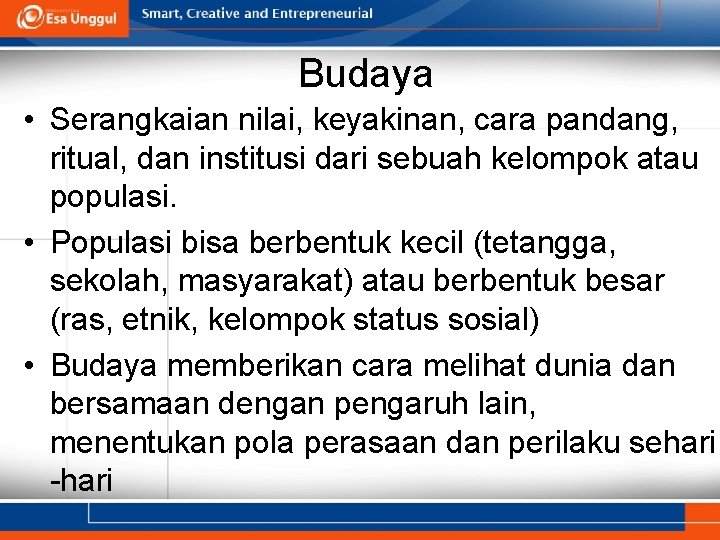 Budaya • Serangkaian nilai, keyakinan, cara pandang, ritual, dan institusi dari sebuah kelompok atau