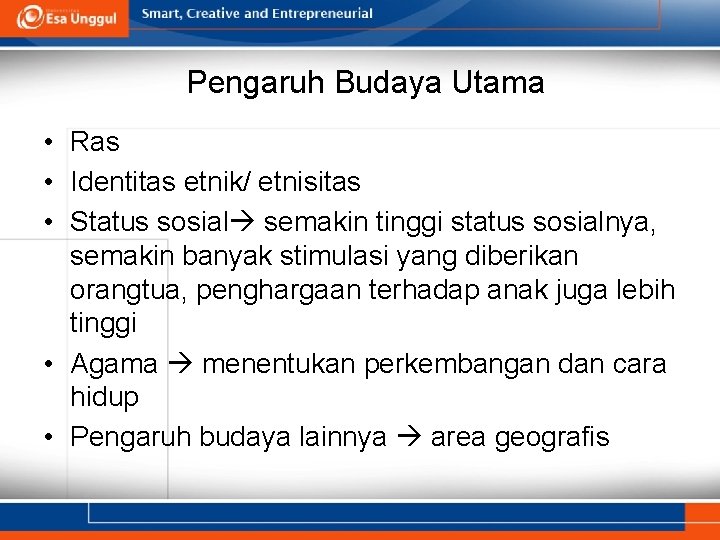 Pengaruh Budaya Utama • Ras • Identitas etnik/ etnisitas • Status sosial semakin tinggi