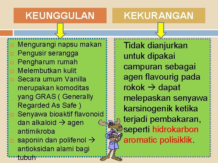 KEUNGGULAN Mengurangi napsu makan Pengusir serangga Pengharum rumah Melembutkan kulit Secara umum Vanilla merupakan