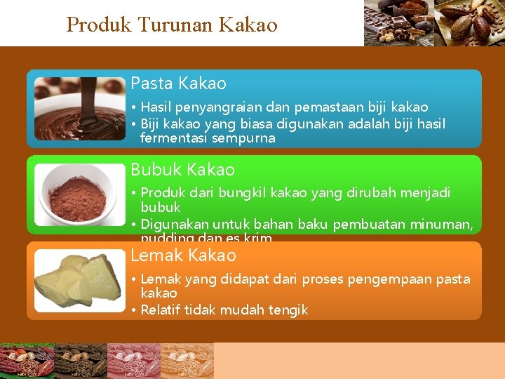 Produk Turunan Kakao Pasta Kakao • Hasil penyangraian dan pemastaan biji kakao • Biji