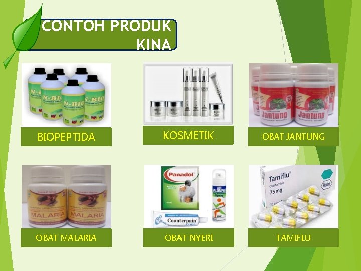 CONTOH PRODUK KINA BIOPEPTIDA KOSMETIK OBAT JANTUNG OBAT MALARIA OBAT NYERI TAMIFLU 