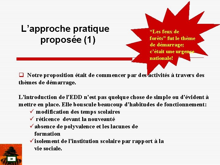 L’approche pratique proposée (1) “Les feux de forêts” fut le thème de démarrage; c’était