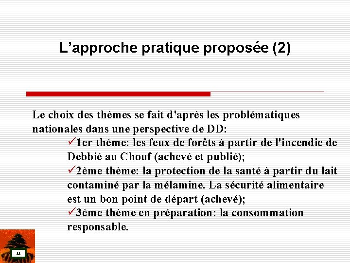 L’approche pratique proposée (2) Le choix des thèmes se fait d'après les problématiques nationales