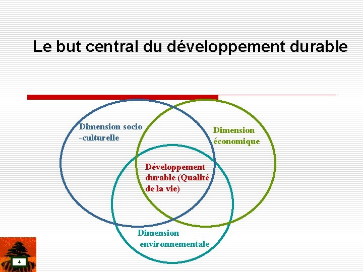 Le but central du développement durable Dimension socio -culturelle Dimension économique Développement durable (Qualité